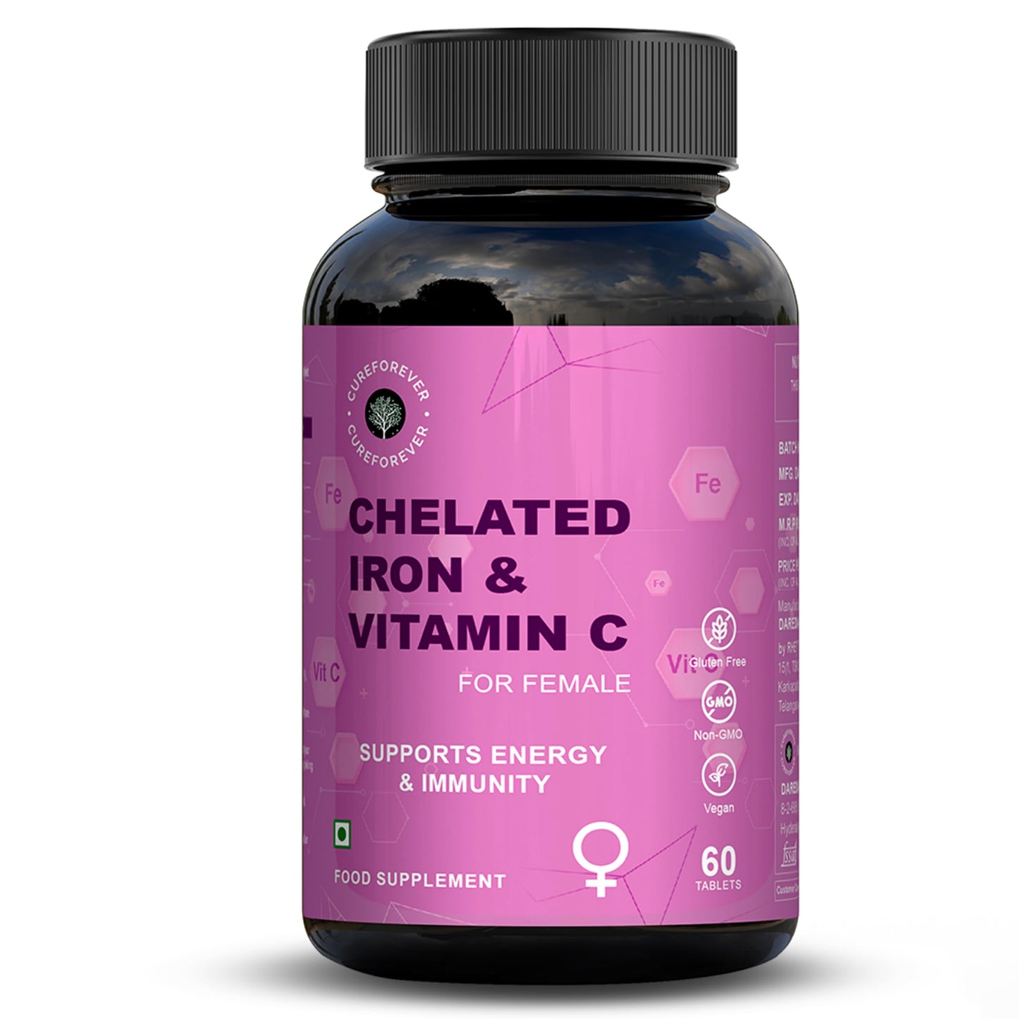 CUREFOREVER Iron Tablets for Women with Vitamin C – High Absorption Chelated Iron Supplement for Hemoglobin, Anemia, Energy & Fatigue Support – 60 Veg Tablets