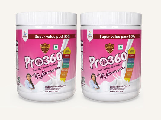 Pro360 Women Protein Rich Nutritional Supplement Enriched Calcium, Iron for Stronger Bones and Improved Haemoglobin – 25 Essential Nutrients with Evening Primrose – Butterscotch (500+500) g Pack of 2