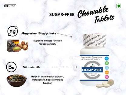 Crampwell Chewable Magnesium Supplement | Magnesium Bisglycinate with Vitamin B6 (Pyridoxine) | Helps Leg Cramp Relief, Sleep Quality & Muscle Recovery for Men & Women - 60 tablets (Sugar-free)