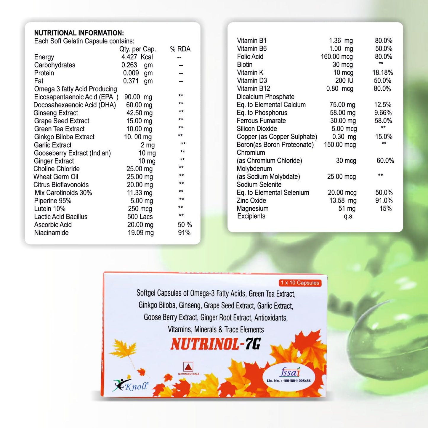 Knoll Healthcare Nutrinol 7G Multivitamin Capsules Omega 3 Fatty Acid (Fish Oil) Zinc Vitamin B1 K D EPA (90mg) DHA (60mg) 10 Capsules + 100 Ingredients (Pack of 1)