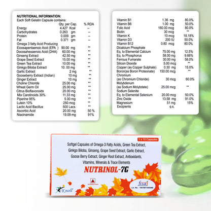 Knoll Healthcare Nutrinol 7G Multivitamin Capsules Omega 3 Fatty Acid (Fish Oil) Zinc Vitamin B1 K D EPA (90mg) DHA (60mg) 10 Capsules + 100 Ingredients (Pack of 1)