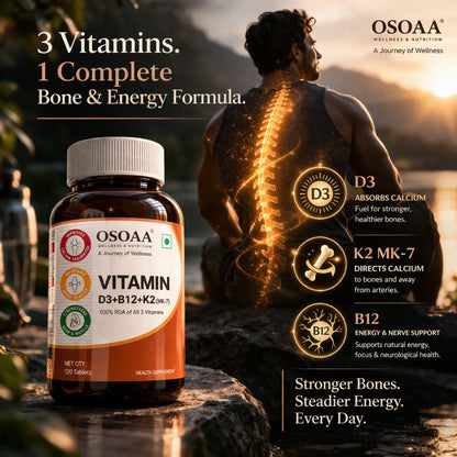 OSOAA Vitamin D3 K2 MK7 Supplement - 60 Tablets | Vitamin D3 (600 IU) | Promotes Calcium Absorption, Bone Health, Muscle Strength & Immunity | Plant Based- Lichen Source
