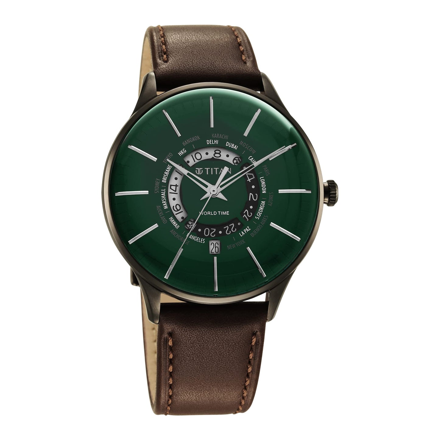 Titan Green Dial World Time with Date Leather Strap Analog Watch for Me- image 8