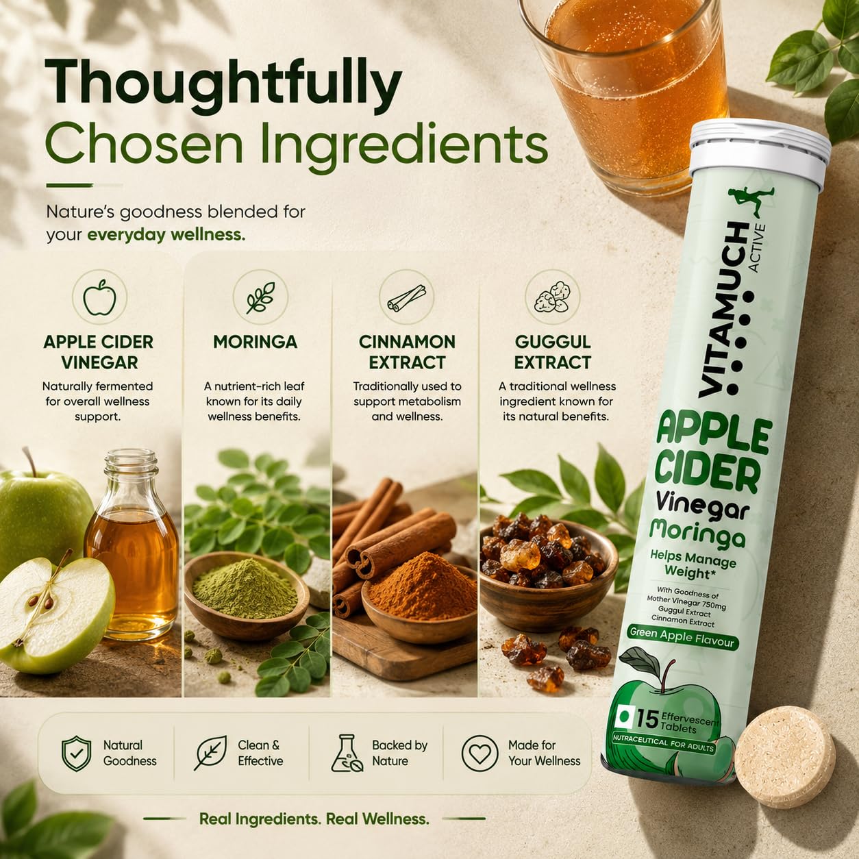 Vitamuch ACV Moringa Effervescent Tablets for Weight Management | Apple Cider Vinegar, Moringa & Green Tea Blend | Supports Metabolism, Craving Control & Energy | Green Apple Flavour (15 Tablets)