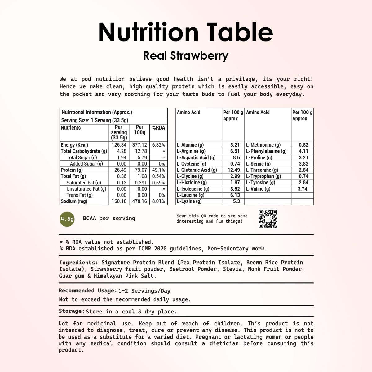 POD NUTRITION Pea Protein Isolate Powder | Vegan Plant Protein, No Added Sugar, Dairy Free| Clean & Easy to Digest with Essential Amino Acids (1kg Pouch, Real Strawberry)