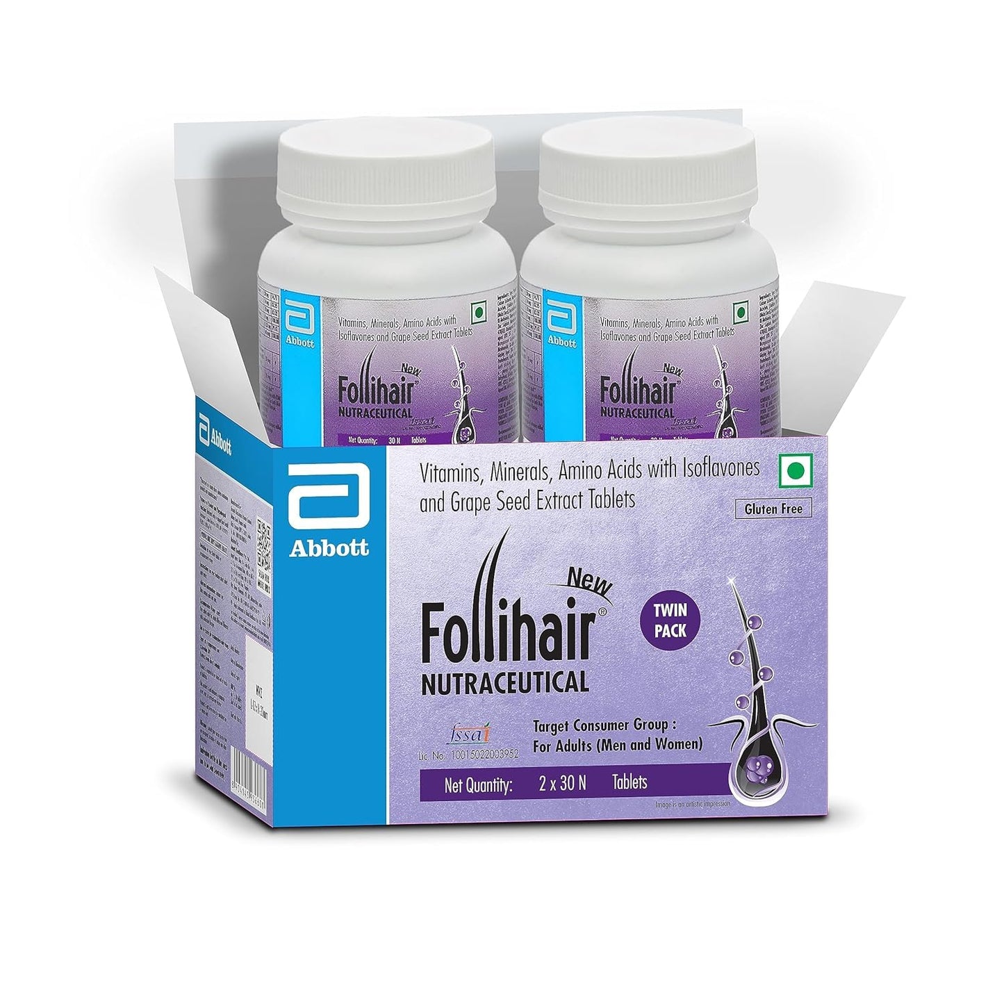 Follihair New By Abbott Helps Nourish & Strengthen Hair Follicles Tablet, Amino Acids, Vitamins, Minerals & Natural Extracts Twin Pack (30 X 2)