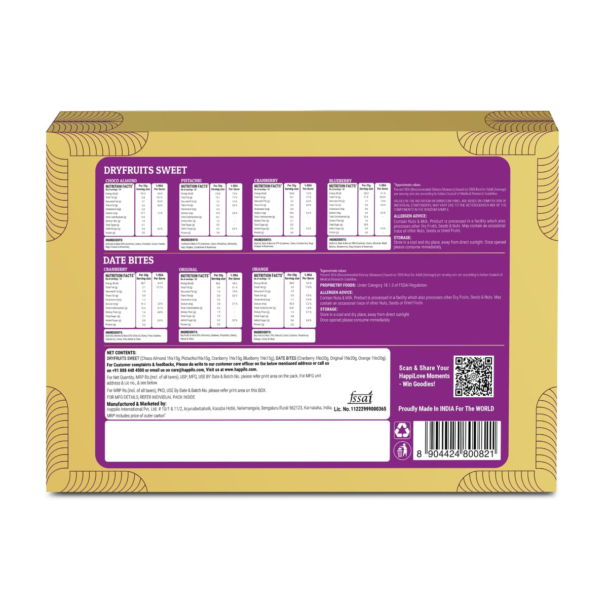 Happilo Premium Celebration Gift Box with 7 Inclusions | Dryfruit Sweets (Pistachio, Cranberry, Blueberry and Choco Almond) & Date Delight (Original, Cranberry and Orange) | Gift