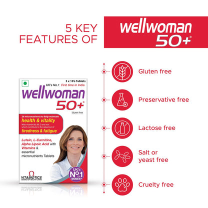 Wellwoman 50+ multivitamins for women over age 50 years with Vitamins, Iron, calcium, amino acids to support menopausal symptoms, maintain energy, Vision & Heart health| Vegetarian 30 Tablets