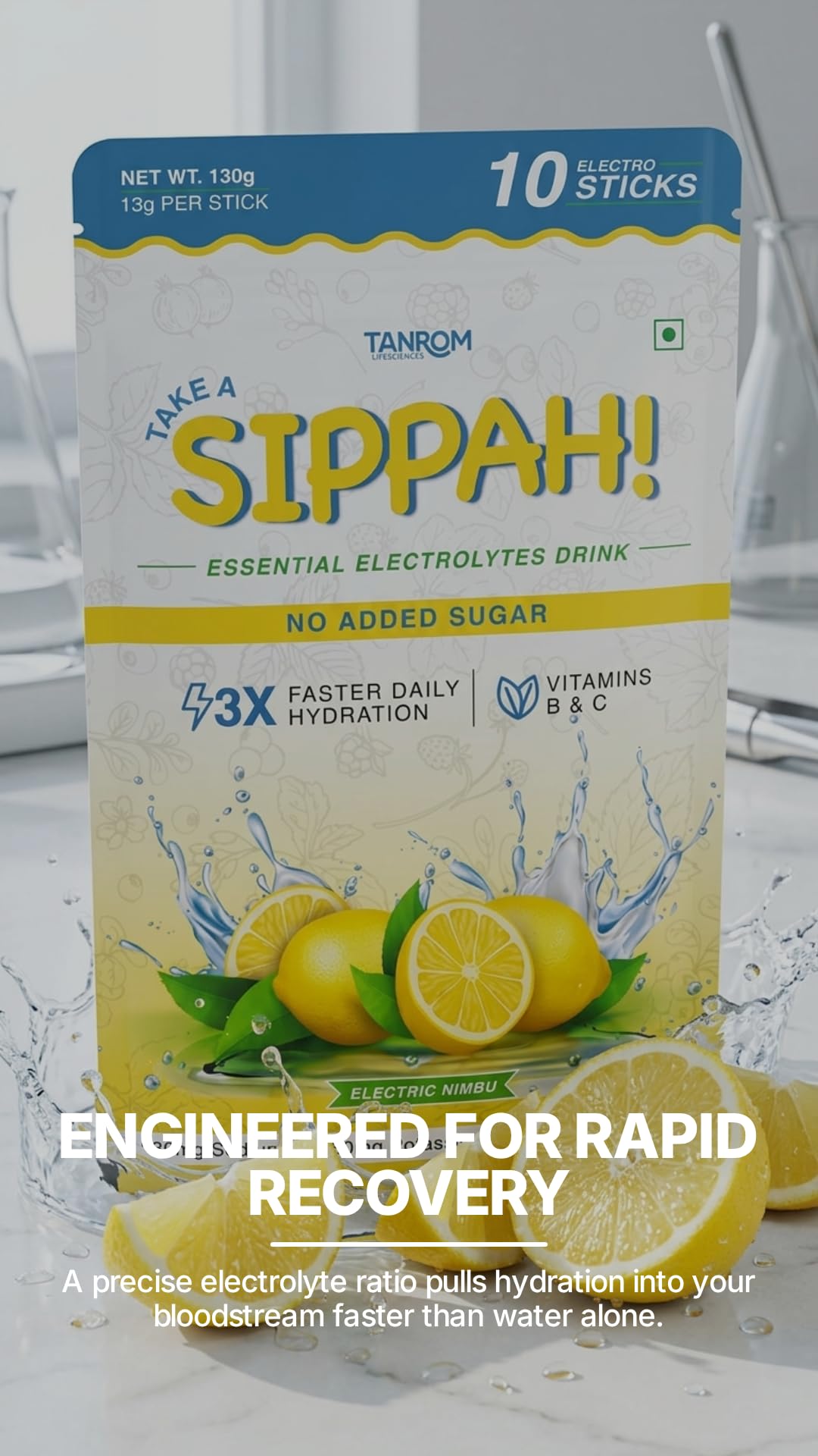 Tanrom Lifesciences TAKE A SIPPAH! Electrolyte Powder Drink Mix, Electric Nimbu (Lemon-Lime) Flavor, No Added Sugar Hydration, Vitamins B12, B6, and C, 10 Single-Serve Electro Sticks for Workouts, Travel, and Daily Recovery
