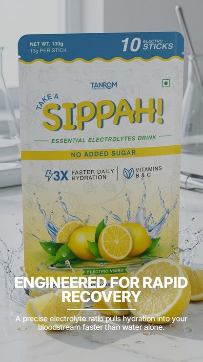 Tanrom Lifesciences TAKE A SIPPAH! Electrolyte Powder Drink Mix, Electric Nimbu (Lemon-Lime) Flavor, No Added Sugar Hydration, Vitamins B12, B6, and C, 10 Single-Serve Electro Sticks for Workouts, Travel, and Daily Recovery