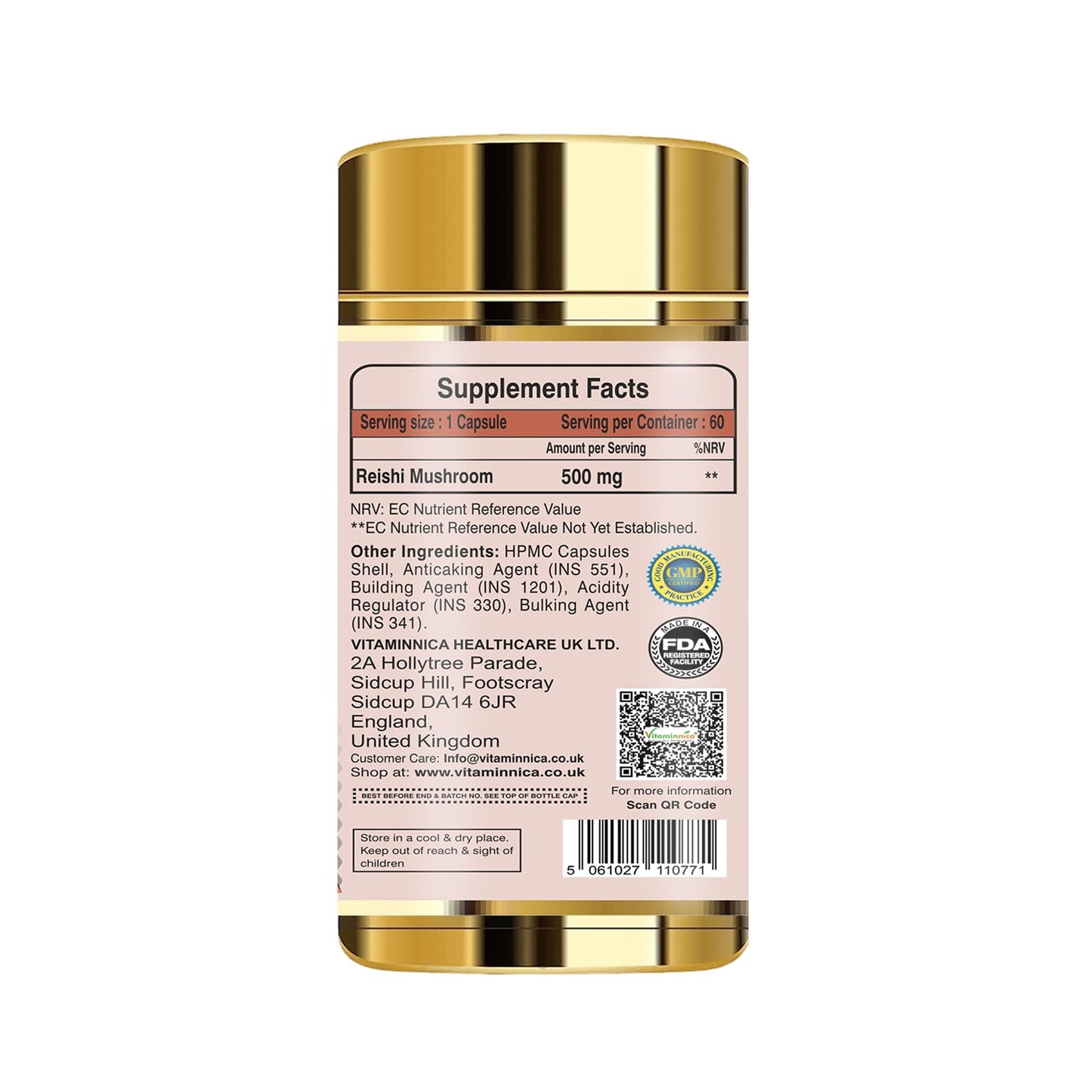 Vitaminnica Reishi Mushroom 60 Vegan Capsules Nootropics | Improves Sleep & Relaxation (500mg)