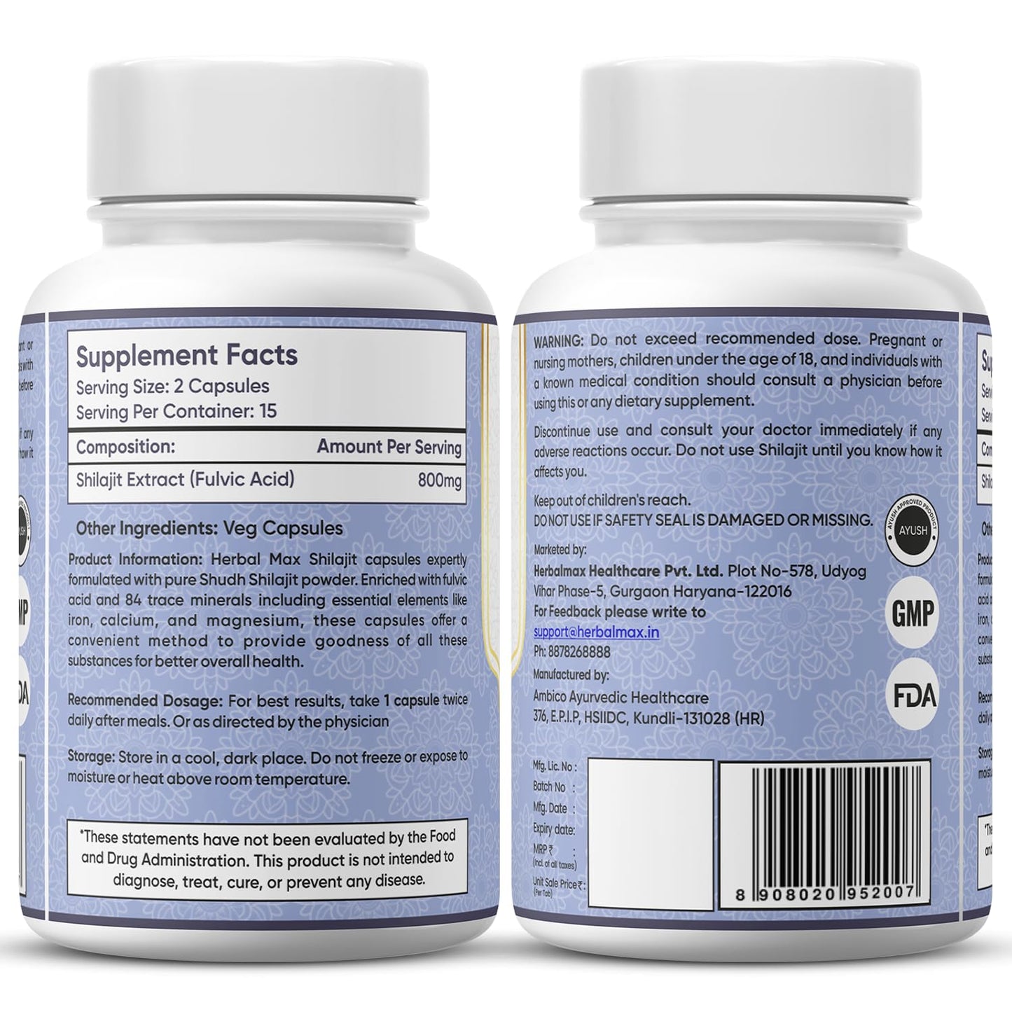 Herbal Max Shilajit 800mg Capsules – Fulvic Acid Enriched Natural Supplement for Strength, Endurance, Energy & Immunity | Supports Men & Women’s Vitality