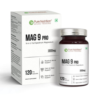 Pure Nutrition Mag 9 Pro - 120 Veg Caps | Magnesium Supplement with 9 Forms of High Absorption Magnesium Glycinate, L Threonate, Citrate for Sleep, Muscle, Nerve, Heart & Brain Health