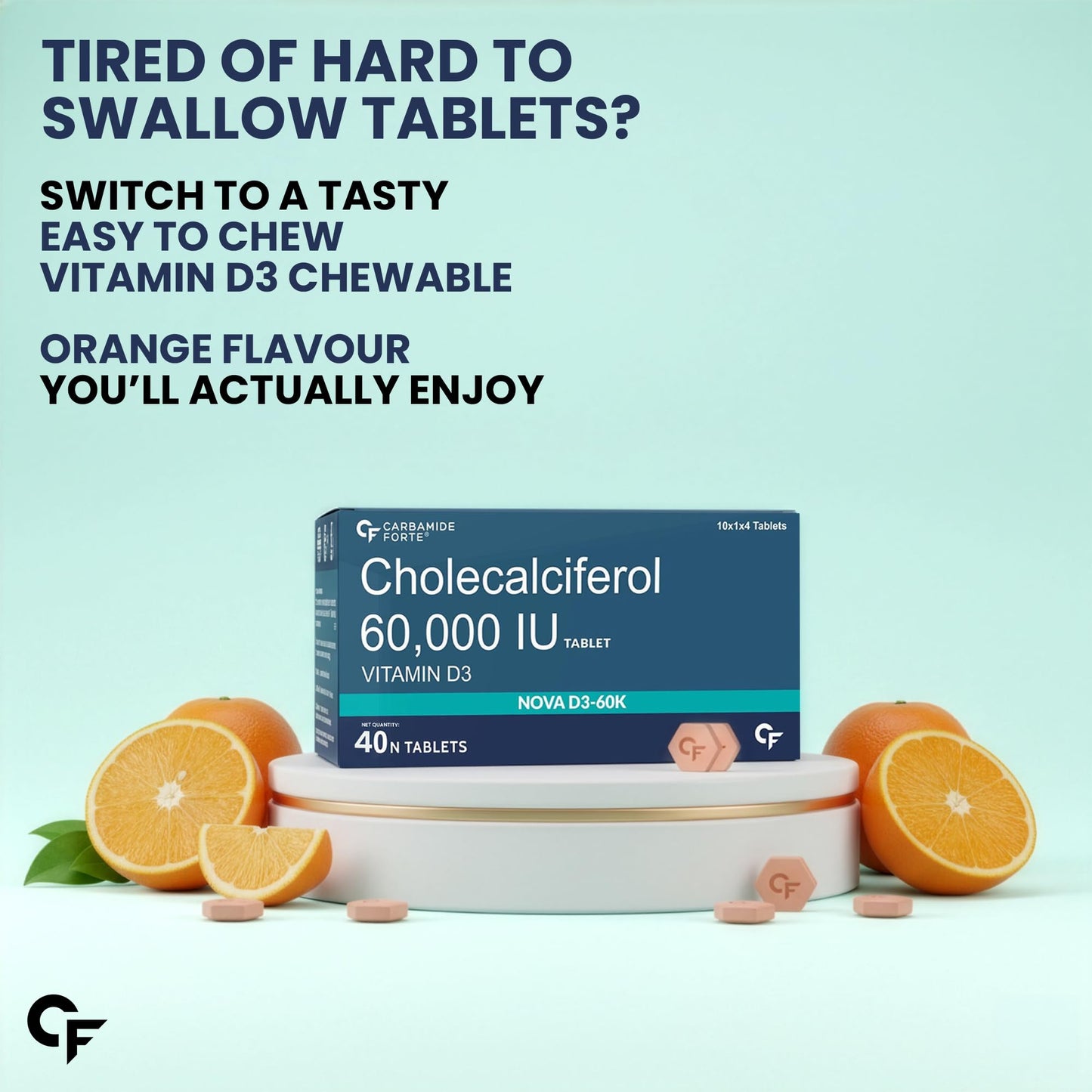Carbamide Forte Vitamin D3 60000IU Tablets | Vitamin D3 60k Supplement | Vitamin D Supplements | Cholecalciferol 60000 iu Supplement for men & women | Orange Flavour - 40 Tablets