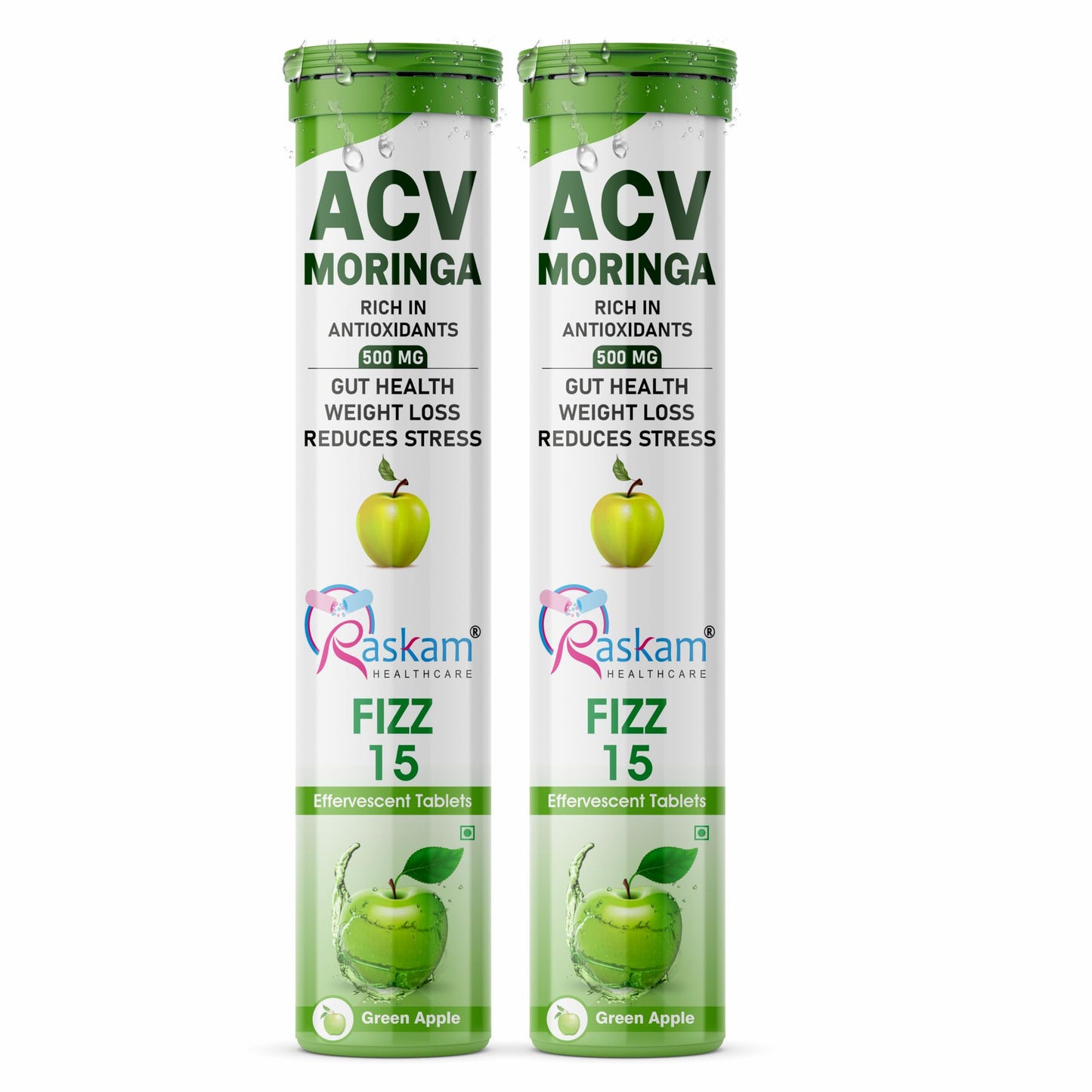 Raskam ACV Moringa 15 Fizz Effervescent Tablets | Green Apple Flavor, 500mg | Boost Energy & Immunity Naturally with Antioxidants | Controls Cravings (2 Packs of 15 Tablets Each)