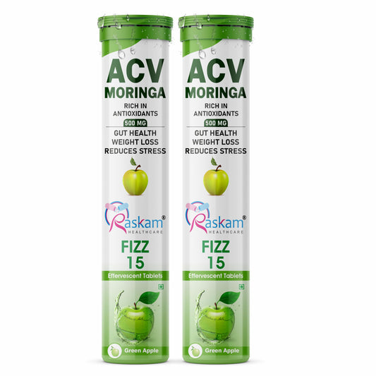 Raskam ACV Moringa 15 Fizz Effervescent Tablets | Green Apple Flavor, 500mg | Boost Energy & Immunity Naturally with Antioxidants | Controls Cravings (2 Packs of 15 Tablets Each)