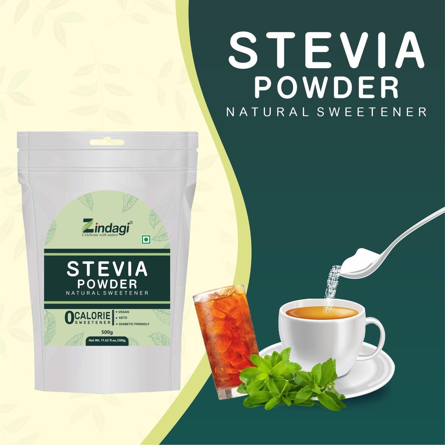 Zindagi Stevia Powder (Reb A 99%) Extract | Sugar Subsitute | Stevia Natural Sugar-free Powder In Bulk | 500 gm | Pack of 4