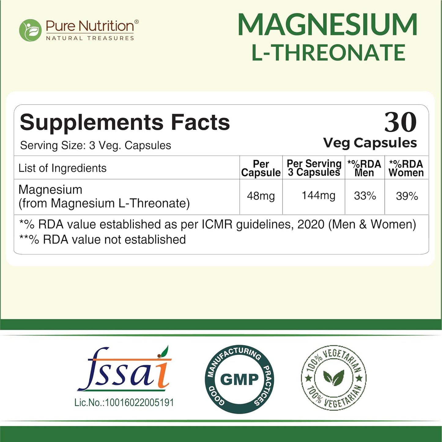 Pure Nutrition Magnesium L Threonate Supplement – 30 Tablets | Magnesium Supplement Suports Relaxation & Better Sleep | Enhances Memory, Cognitive Function & Brain Health