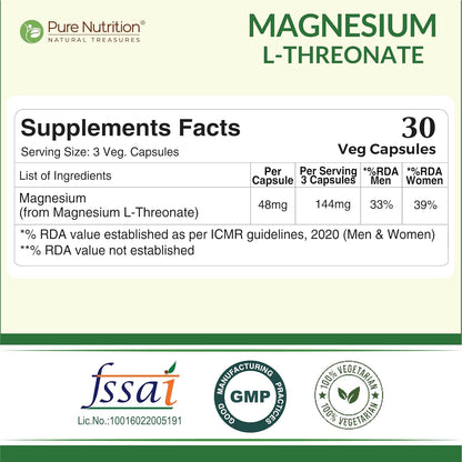 Pure Nutrition Magnesium L Threonate Supplement – 30 Tablets | Magnesium Supplement Suports Relaxation & Better Sleep | Enhances Memory, Cognitive Function & Brain Health