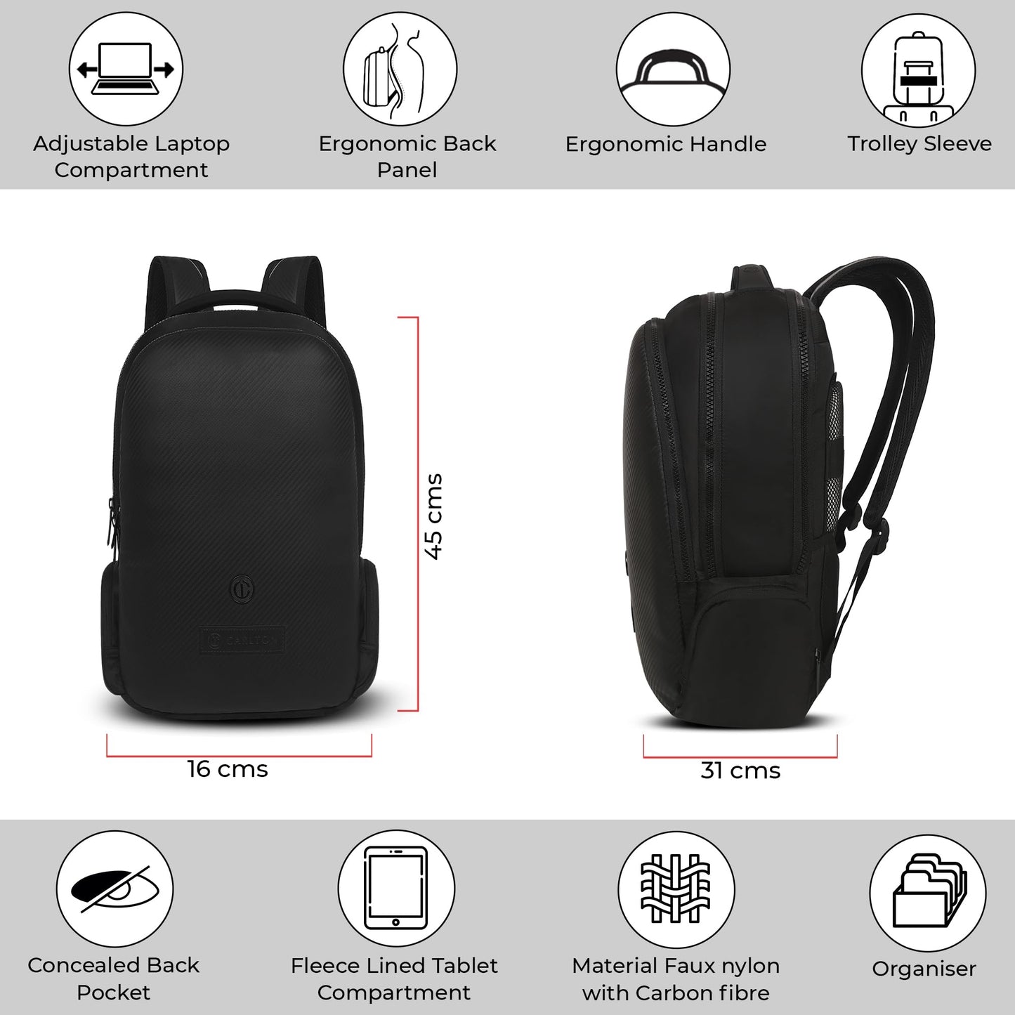 CARLTON Laptop Backpack 22L With Ergonomic Back Panel and Grab Handle, Concealed Back Pocket, Gadget Compartment & Expander |Carbon Black | Berkeley