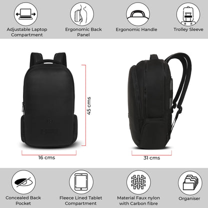 CARLTON Laptop Backpack 22L With Ergonomic Back Panel and Grab Handle, Concealed Back Pocket, Gadget Compartment & Expander |Carbon Black | Berkeley