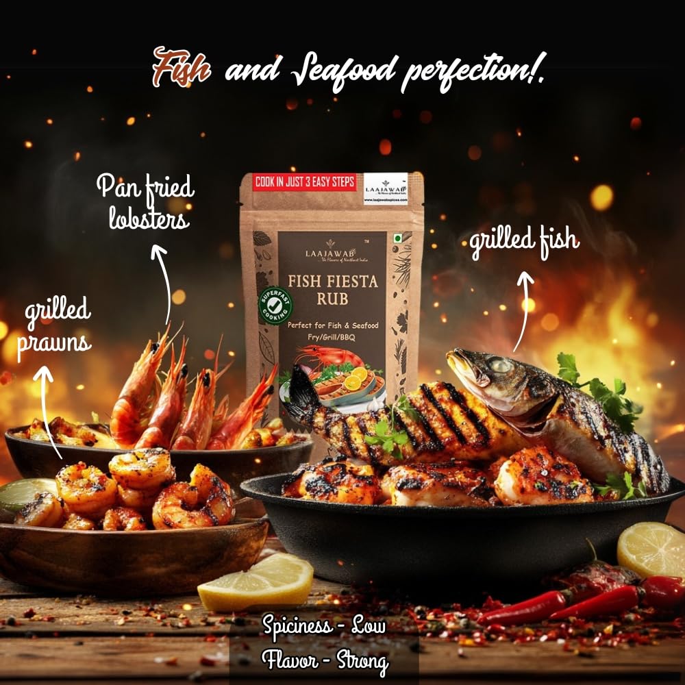 Laajawab India's First All-In-One Natural Fish & Prawn Masala Marinade For Delicious & Superfast Cooking|Robust Blend Of Parsley,Yellow Mustard,Lemon & Black Pepper,130 Gram