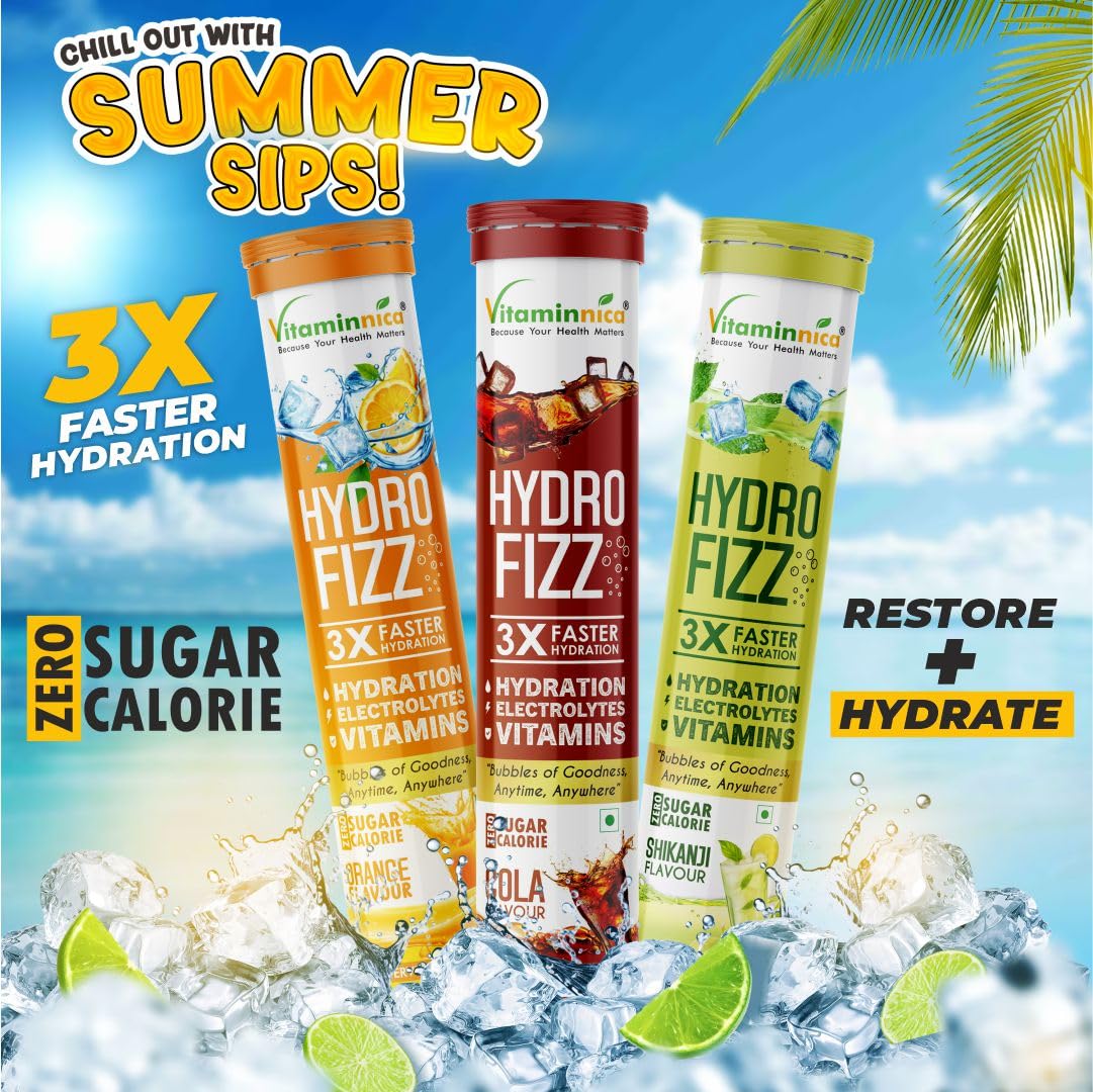Vitaminnica Hydro Fizz Effervescent Tablets | Sugar-Free & Refreshing- 20 Effervescent Tablets– Advanced Hydration Drink & Electrolyte Booster | Orange Flavour- Pack of 2