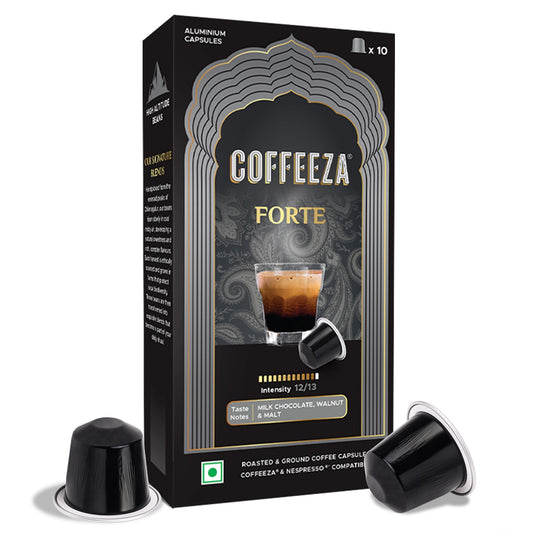 COFFEEZA Forte Aluminium Coffee Capsules, Intensity 12/10 - Nespresso Compatible Coffee Pods (Box Of 10), 90 Gram
