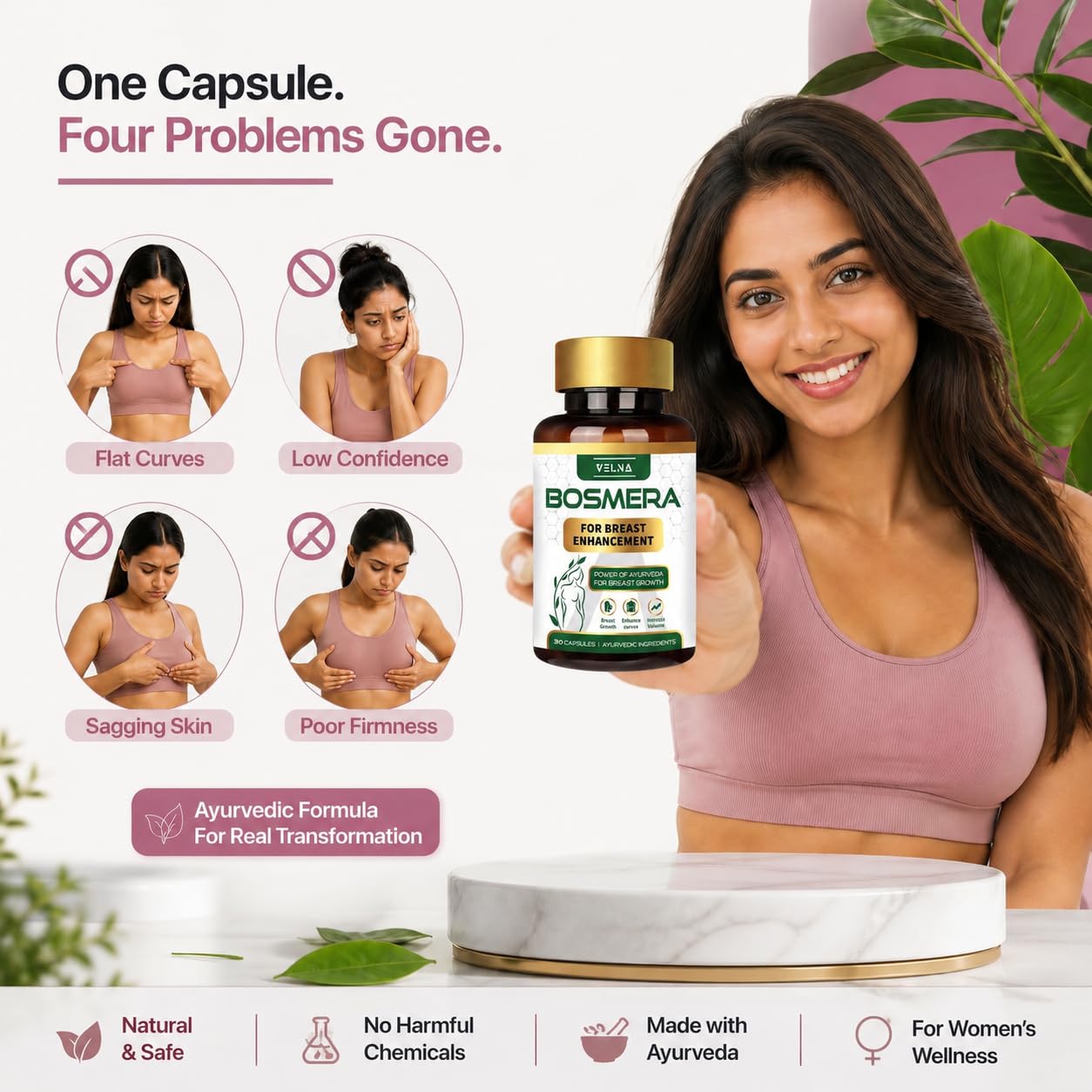 VELNA Bosmera Ayurvedic Women Wellness Capsules for Breast Growth with Shatavari & Fenugreek | Herbal Supplement for Natural Curves, Firmness & Confidence | 30 Capsules