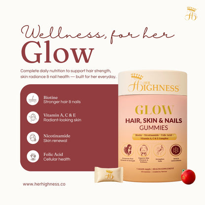 Her Highness GLOW Hair Skin & Nails Gummies for Women | 30 Gummies | Biotin, Vitamin B Complex, Vitamins A, C, D, E, Folic Acid, Nicotinamide | Healthy Hair, Radiant Skin & Strong Nails Support | No Added Sugar | No Added Preservatives | 100% Veg | Cranbe