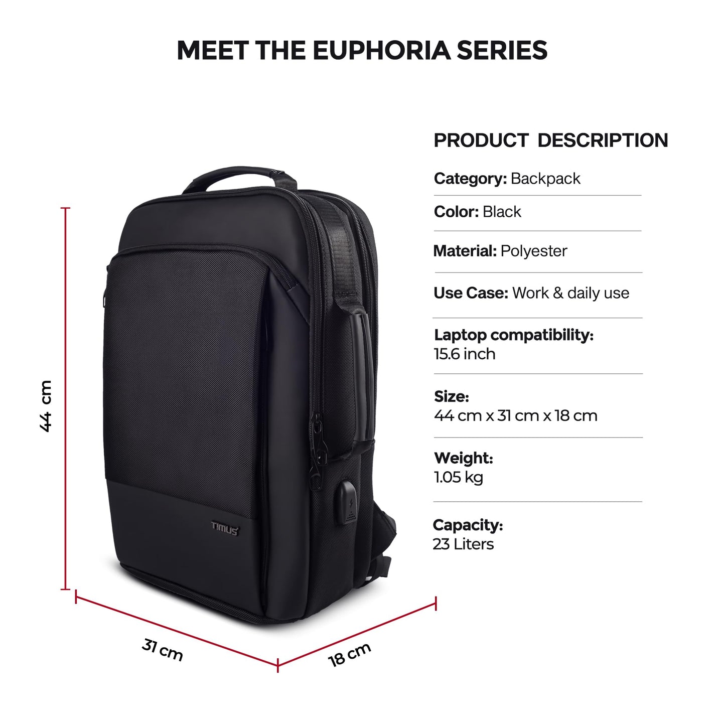Timus Paris Black Professional Laptop Bag for Men & Women 23 L with 15.6 Inch Laptop Compartment | Water resistant with USB Port Anti-Theft Backpack| Premium Polyester Fabric