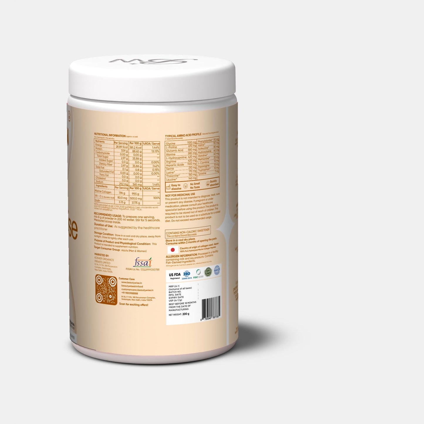 Beautywise Advanced Marine Collagen Peptides With Hyaluronic Acid, Glutathione & Biotin | No Smell & Easy To Mix With No Added Sugar 200G (Unflovoured Pack Of 1)