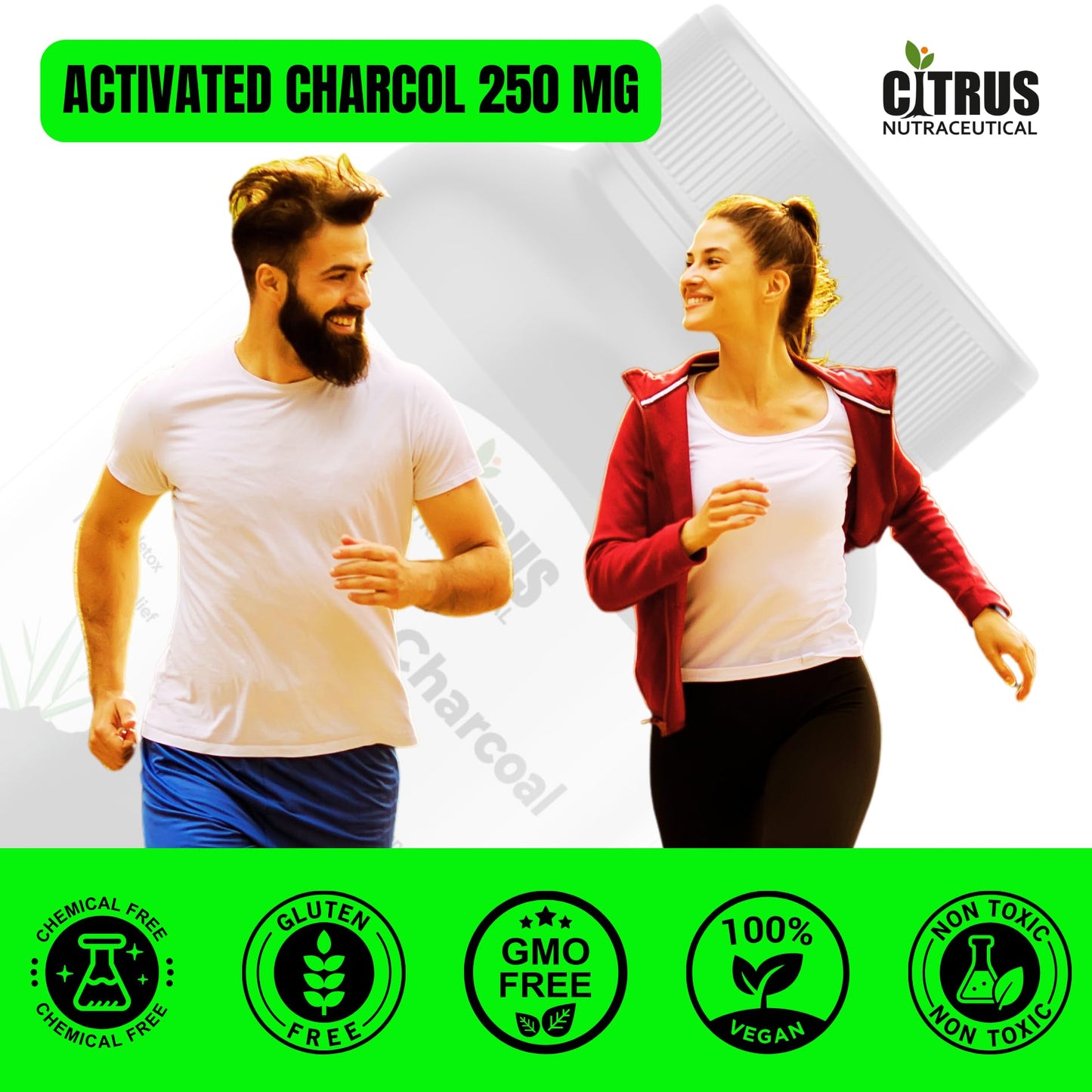 CITRUS NUTRACEUTICAL Activated Charcoal 250 mg Capsules – Natural Detox Supplement for Digestion & Gas Relief – 60 Veg Capsules (Pack of 2)