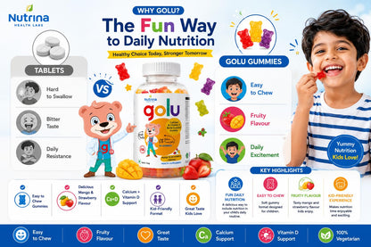 Nutrina Health Labs Golu Vegetarian Calcium+Vitamin D Gummy for Kids (5-13 years) for Strong Bones Teeth and Healthy Muscles, Nut free, Gelatin Free | 30 Gummies (1 Bottle of 30 Gummies)