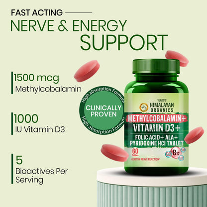 Vlado's Himalayan Organics Vitamin B12 1500mcg with Vitamin D3 | Vitamin B12 Supplements for Men & Women | Methylcobalamin 1500mcg with Vitamin D Tablets with Alpha Lipoic Acid , Folic Acid I B12 Vitamin Tablets - Best Vitamin B-12 Supplement For Men & Wo