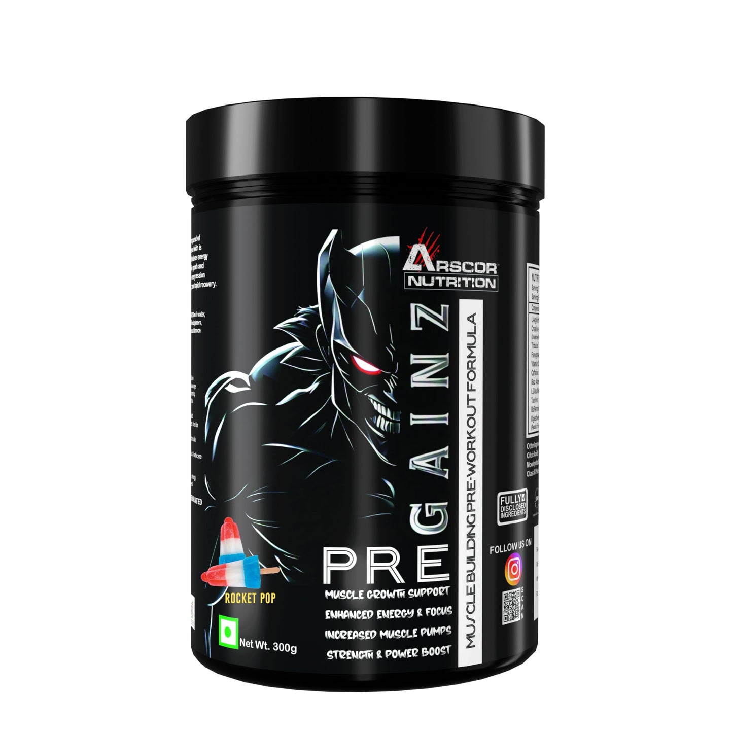Gainz Pre Workout Powder: Hybrid Pre-workout Supplement for Muscle Gain & Energy Booster with 2000mg Creatine Matrix , 2000mg L Arginine AAKG, 2500mg Beta-Alanine, 299mg Caffeine Anhydrous,1500mg L-Citrulline D Malate 2:1 (300g, Rocket Pop)