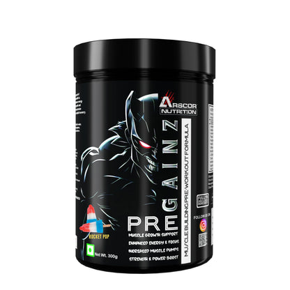Gainz Pre Workout Powder: Hybrid Pre-workout Supplement for Muscle Gain & Energy Booster with 2000mg Creatine Matrix , 2000mg L Arginine AAKG, 2500mg Beta-Alanine, 299mg Caffeine Anhydrous,1500mg L-Citrulline D Malate 2:1 (300g, Rocket Pop)