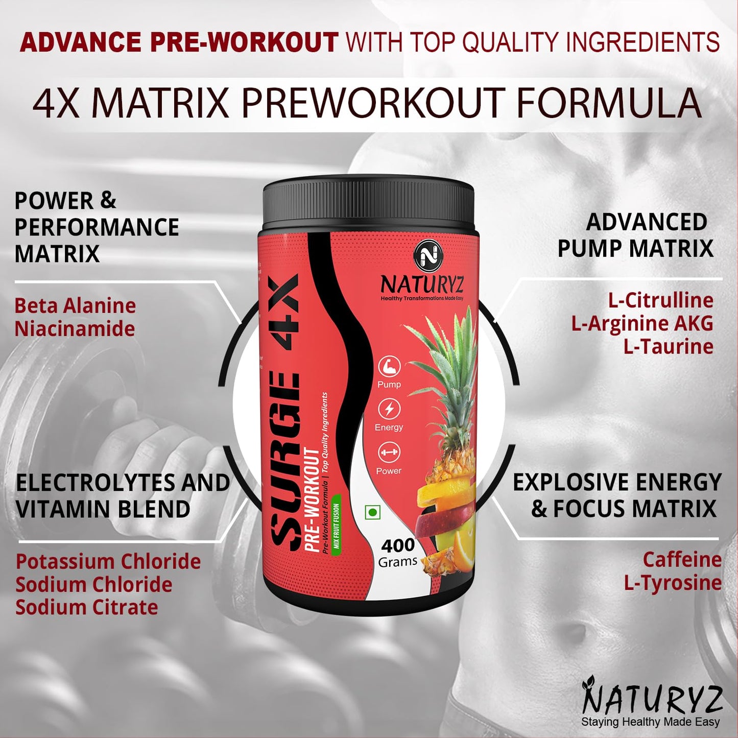 Naturyz Surge 4X Pre Workout, 400g Powder (Mix fruit fusion flavour) with 4000mg Beta-Alanine, 3500mg L- Citrulline,Creatine,L- Arginine & Aminos