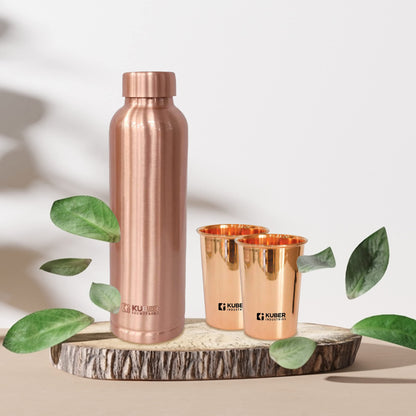 Kuber Industries Copper Water Bottle 950 ml & Pack of 2 Glasses 300ml | 100% Pure Copper Water Bottle& Glasses I Leak Proof, Rust Proof I Copper Utensils For Home, School & Office