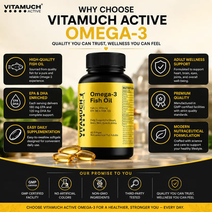 Vitamuch Omega-3 Fish Oil Capsules | EPA 180mg + DHA 120mg | Supports Heart, Brain & Joint Health | Deep Sea Fish Oil | 60 Softgel Capsules