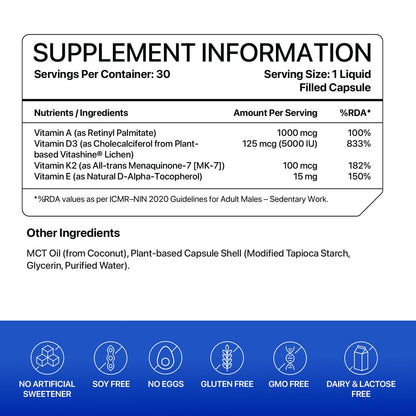 Decode Age DAKE 5000 IU | Vitamin D3 K2 Supplement with Vitamins E & A in MCT Oil for Bone, Immune, Heart and Vision Support | Vegan Capsules | 1 Month Supply