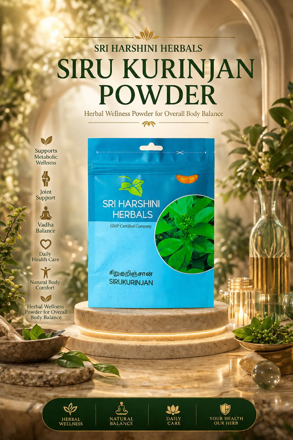SRI HARSHINI HERBALS Siru Kurinjan Powder 50g | Herbal Supplement for Metabolic Wellness and Joint Support | Vadha Balance Daily Health Care and Natural Body Comfort | Herbal Wellness Powder for Overall Body Balance
