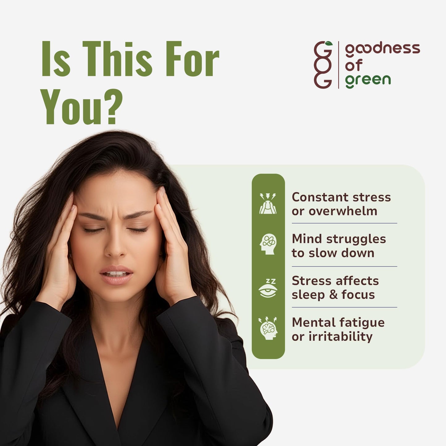 Goodness of Green Stress Relief Capsules with Tulsi & Ashwagandha, Natural Stress & Anxiety Support, Enhances Sleep Quality, Focus & Emotional Balance, 100% Pure, Vegan, Gluten-Free, 30 Veg Capsules