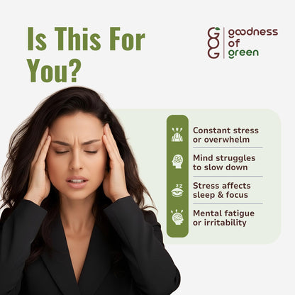 Goodness of Green Stress Relief Capsules with Tulsi & Ashwagandha, Natural Stress & Anxiety Support, Enhances Sleep Quality, Focus & Emotional Balance, 100% Pure, Vegan, Gluten-Free, 30 Veg Capsules