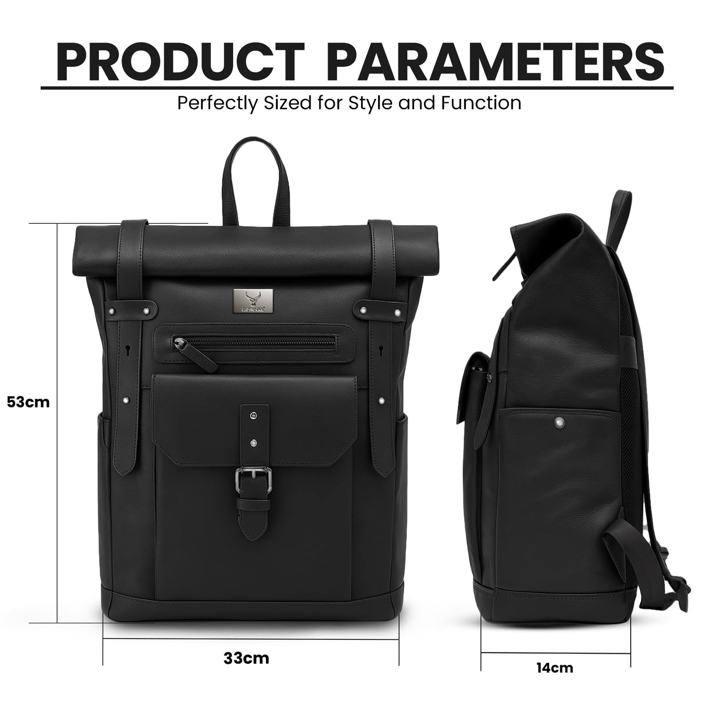 REDHORNS Urbane Pro Roll-Top Unisex Genuine Leather Backpack- 25L Backpack For Business, Office, Travel with Trolley Sleeve- Black