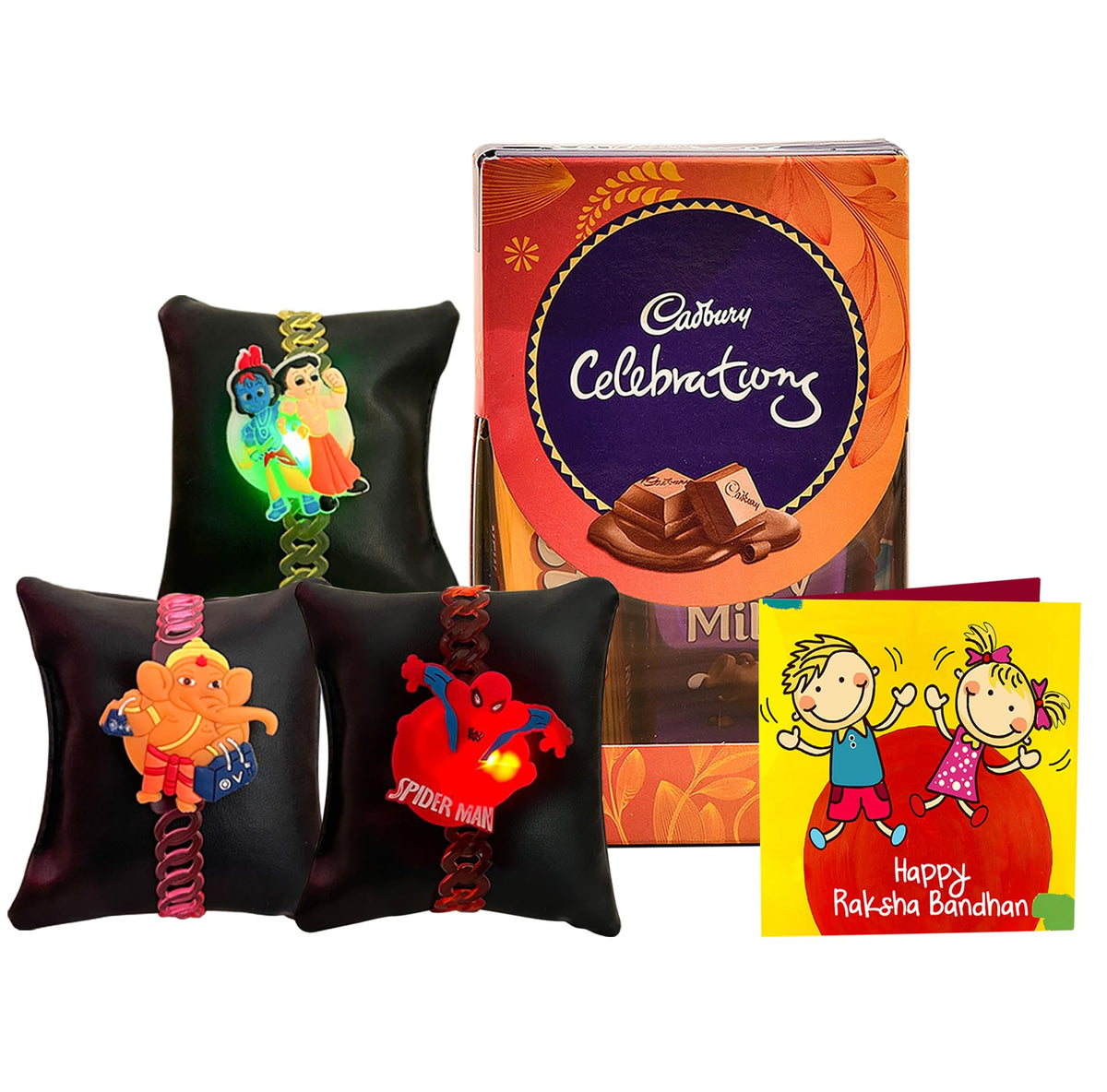 TIED RIBBONS Rakhi for Kids with Chocolates Gift Pack - Set of 3 Premium Kids Lights Rakhi with Cadbury Celebrations Chocolates Gift Pack Roli Chawal Greeting Card, 250 Grams