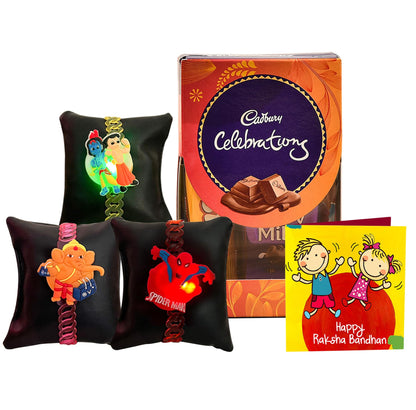 TIED RIBBONS Rakhi for Kids with Chocolates Gift Pack - Set of 3 Premium Kids Lights Rakhi with Cadbury Celebrations Chocolates Gift Pack Roli Chawal Greeting Card, 250 Grams