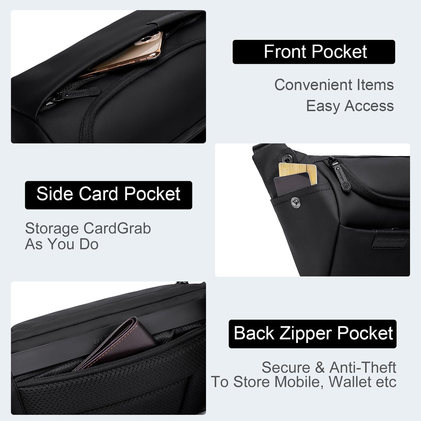 Arctic Hunter Sling Bag for Men Small 4L Side Bag for upto 8" iPad Padded Multi-pocket Chest Bag Lightweight Crossbody Pack Lightweight Water-resistant messenger Bag for Casual Office, Black