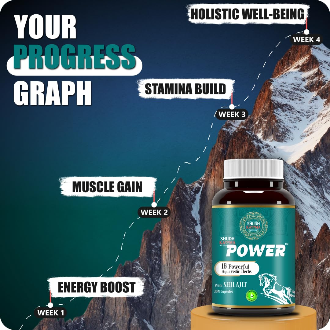 Shudh Kaama Power with Original Shilajit/Shilajeet, Gokhru, Ashwagandha & Safed Musli for Strength, Stamina, Energy and Muscle Gain – (Pack of 2) 60 Capsules