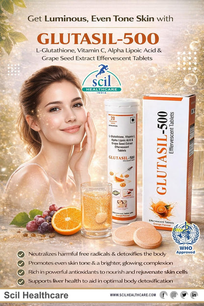 SCIL HEALTHCARE.INDIA Glutasil-500 - L-Glutathione with Vitamin C, Alpha Lipoic Acid & Grape Seed Extract Effervescent Tablets | Refreshing Daily Wellness Drink Supplement
